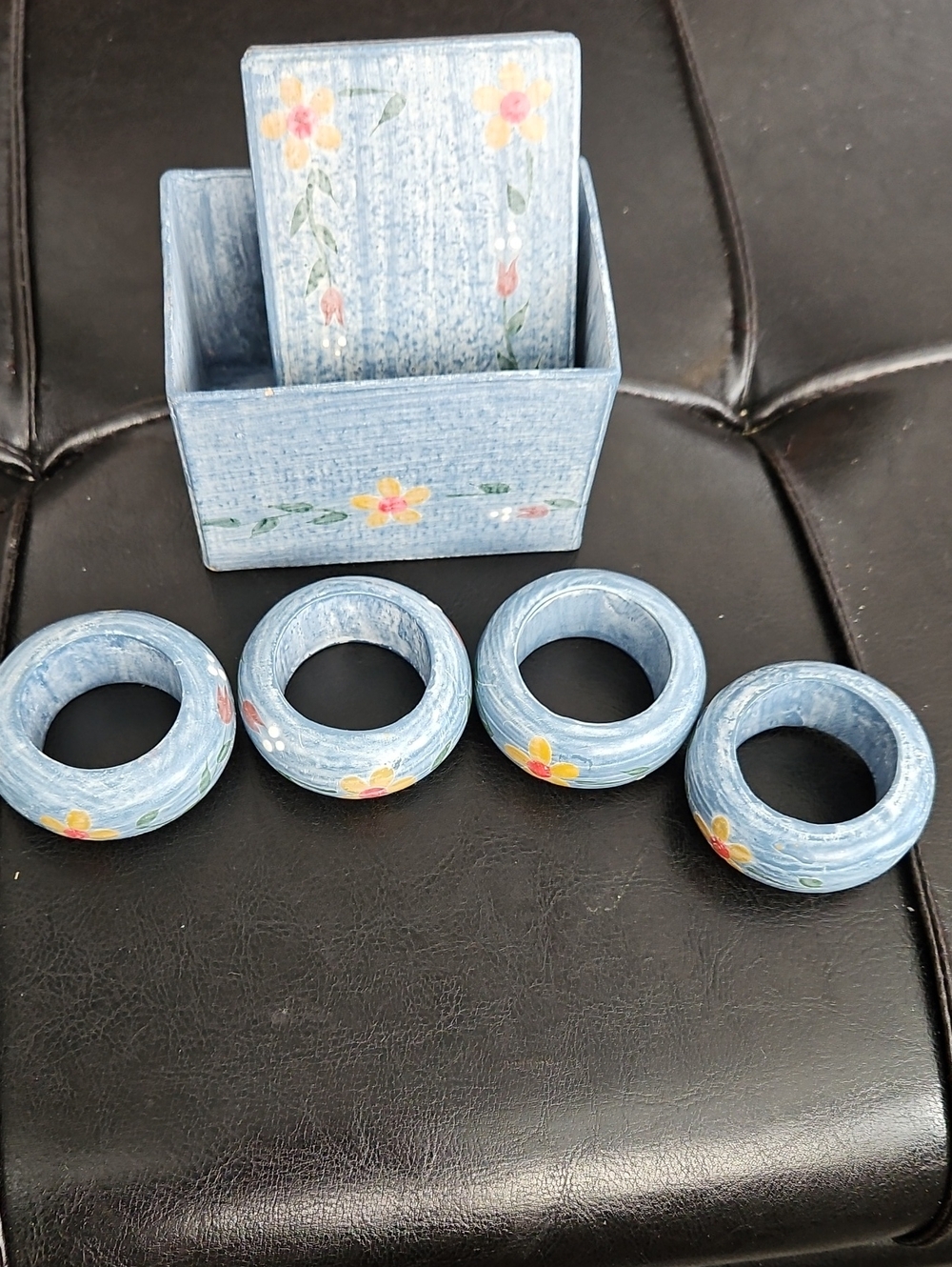 Blue Floral Wood Napkin Ring Set with Holder
